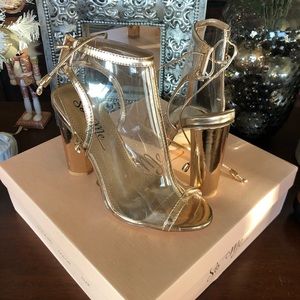 Rose gold clear open toe chunky heels